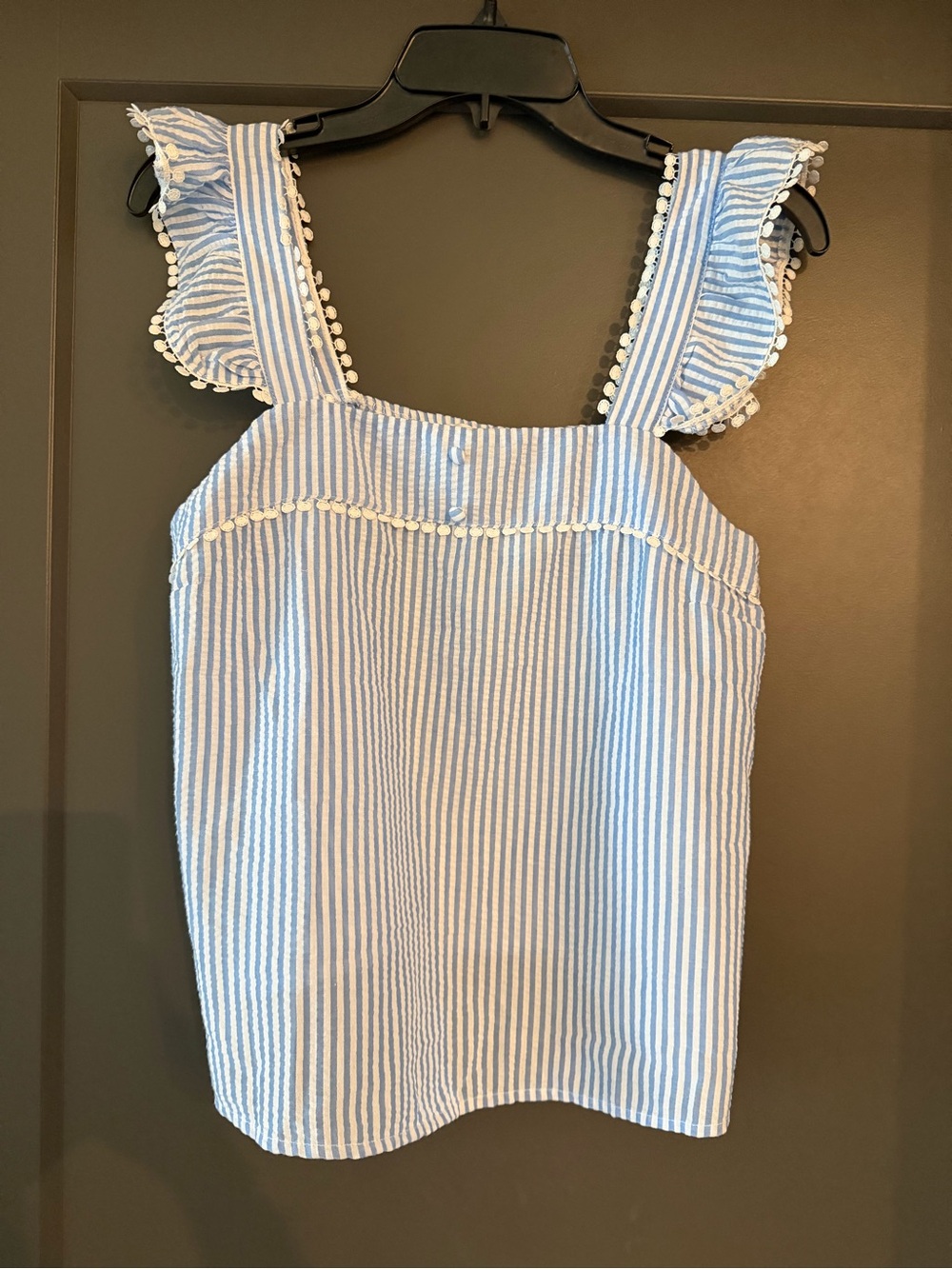 NWT Adorable Blue and White Striped Pom-Trim Ruffle Top size Large